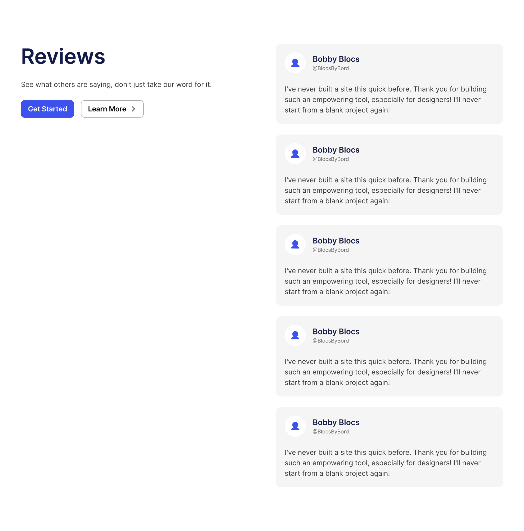 An image of a reviews section with a heading, text and buttons on the left, and a column of 5 testimonials in cards on the right