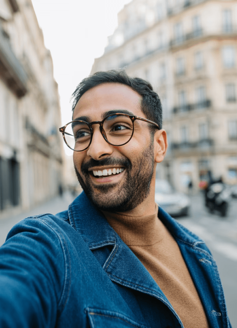Smiling man with glasses and denim jacket looking to the side, standing on a city street.