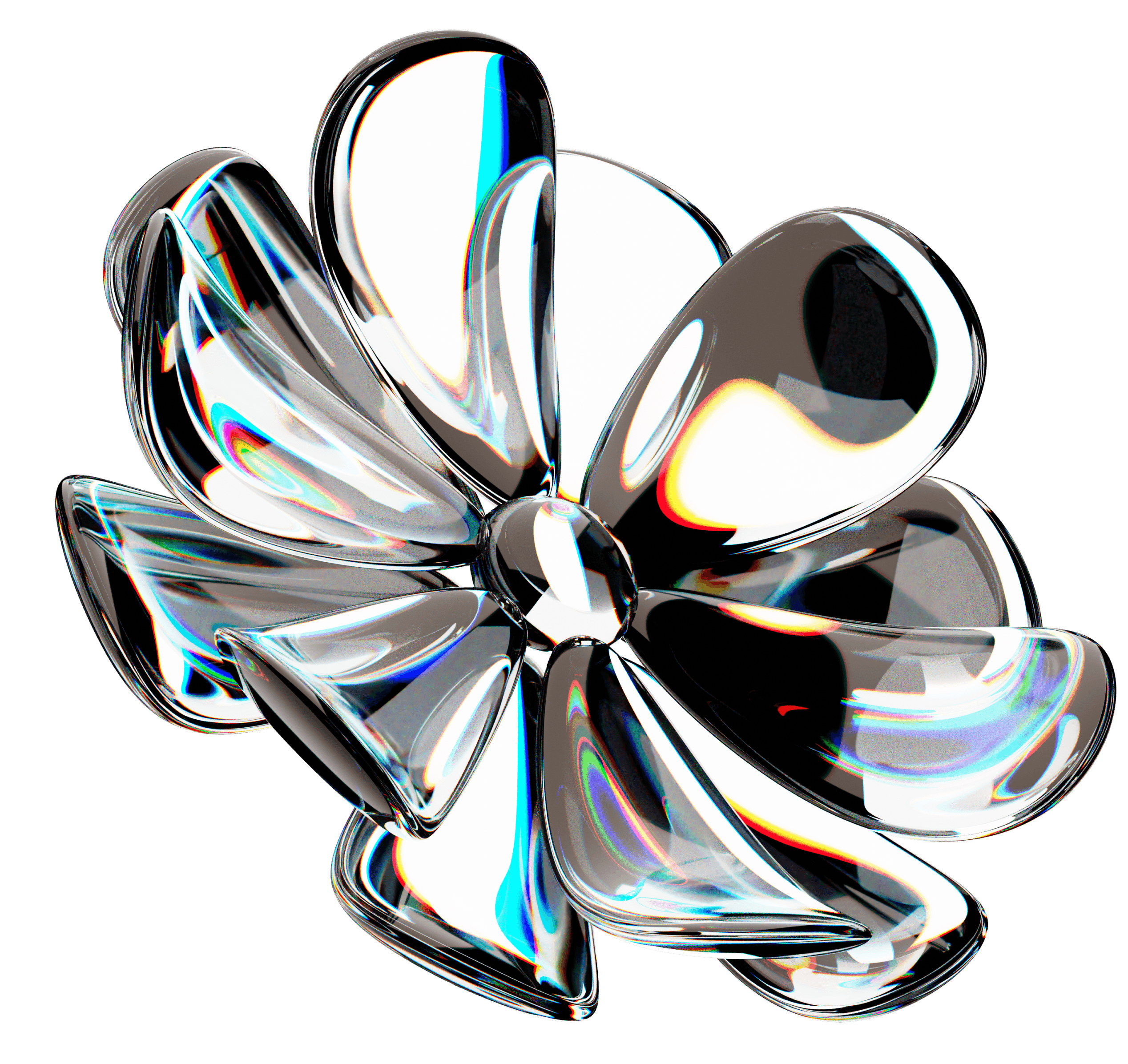 Transparent 3D glass flower with iridescent light reflections and chromatic aberration against a white background.