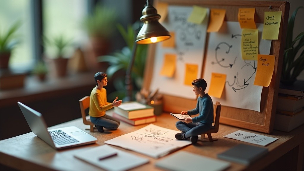Tiny designers working with an AI chat loop on a miniature desk and screen