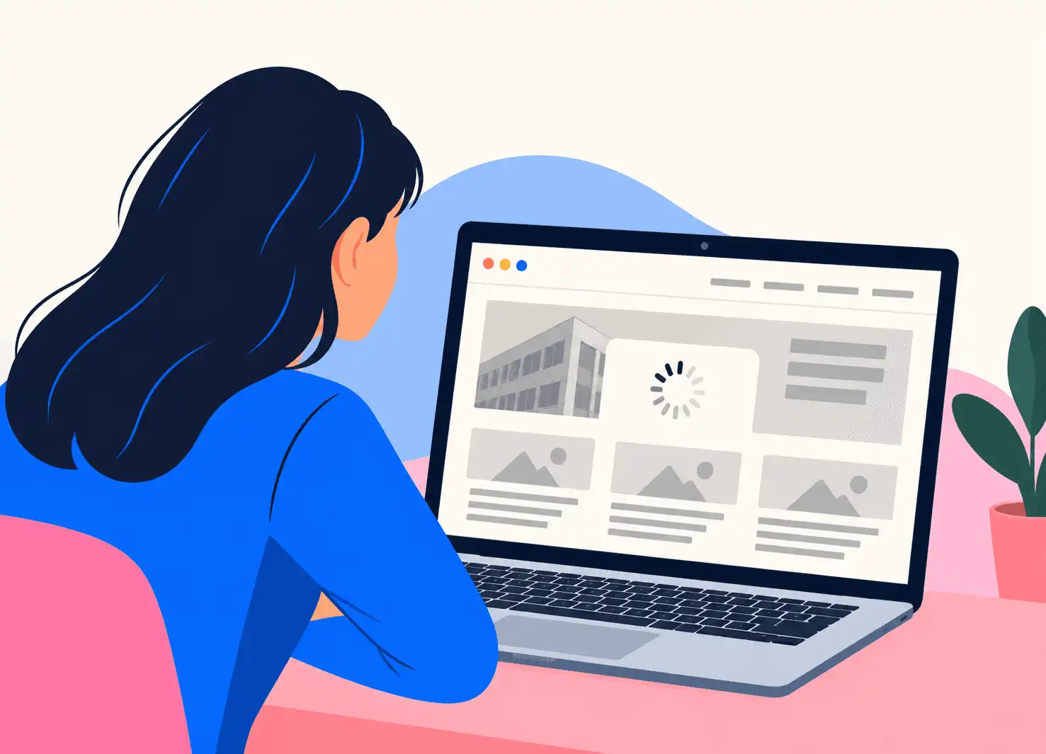 Woman waiting at a laptop as an outdated website slowly loads, a sign it’s time for a website redesign