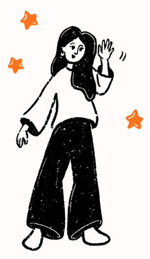 Illustration of a woman waving with a friendly expression, surrounded by orange cartoon stars.
