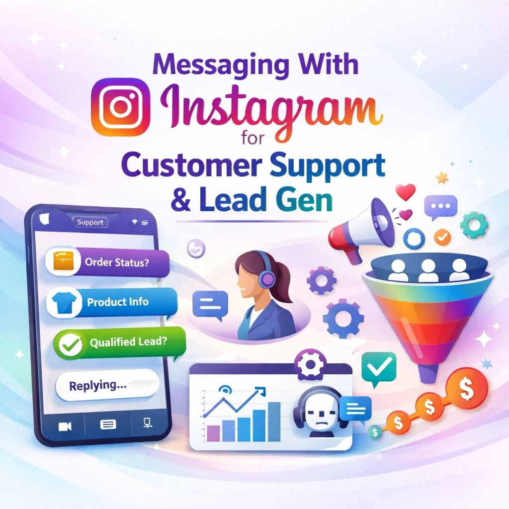 Blog cover image showing Instagram messaging for customer support and lead generation, featuring a smartphone with DM conversations, automation icons, and a modern light gradient background.