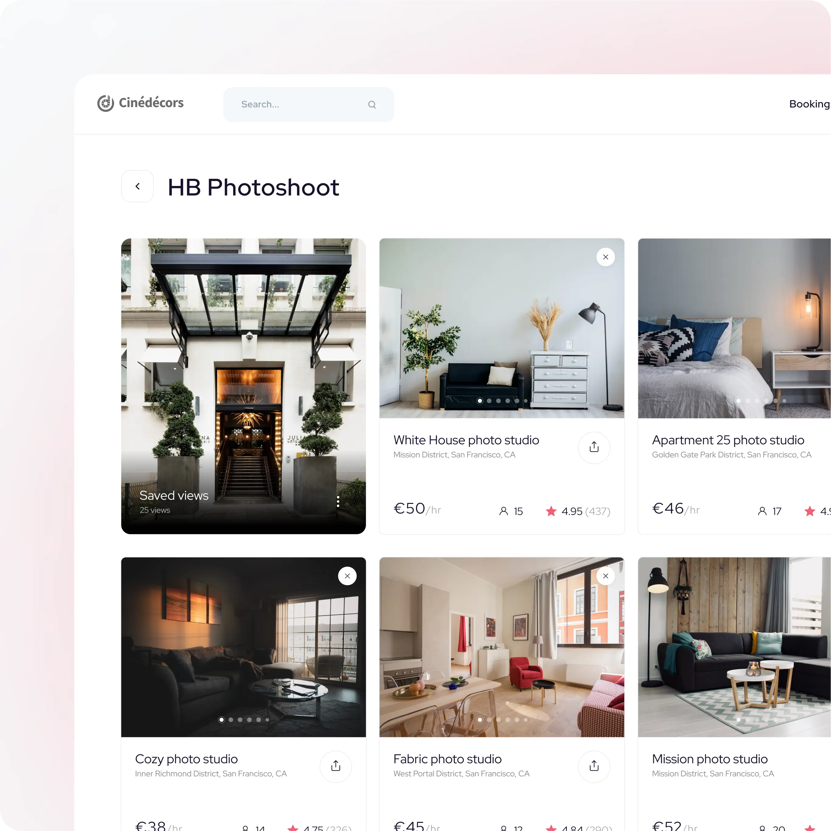 This image displays a user interface of the Cinédécors website, specifically a search results page for "HB Photoshoot." Various photo studio options are listed with their respective hourly rates and ratings. The interface features a clean design with options such as "White House photo studio" at €50/hr, "Apartment 25 photo studio" at €46/hr, "Cozy photo studio" at €38/hr, "Fabric photo studio" at €45/hr, and "Mission photo studio" at €52/hr. Each listing includes a thumbnail image, location, user rating, and hourly rate.