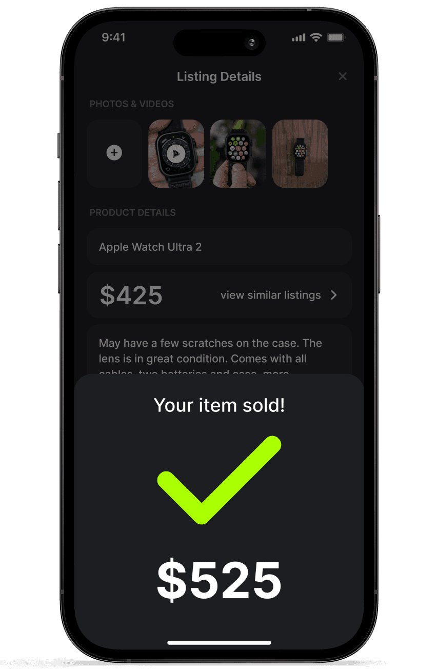 iPhone displaying a sold confirmation for an Apple Watch Ultra 2 in the Hero Stuff app