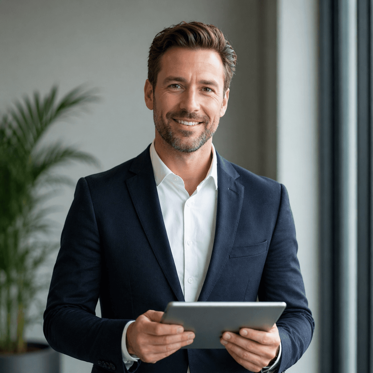 woman in red cardigan smiling