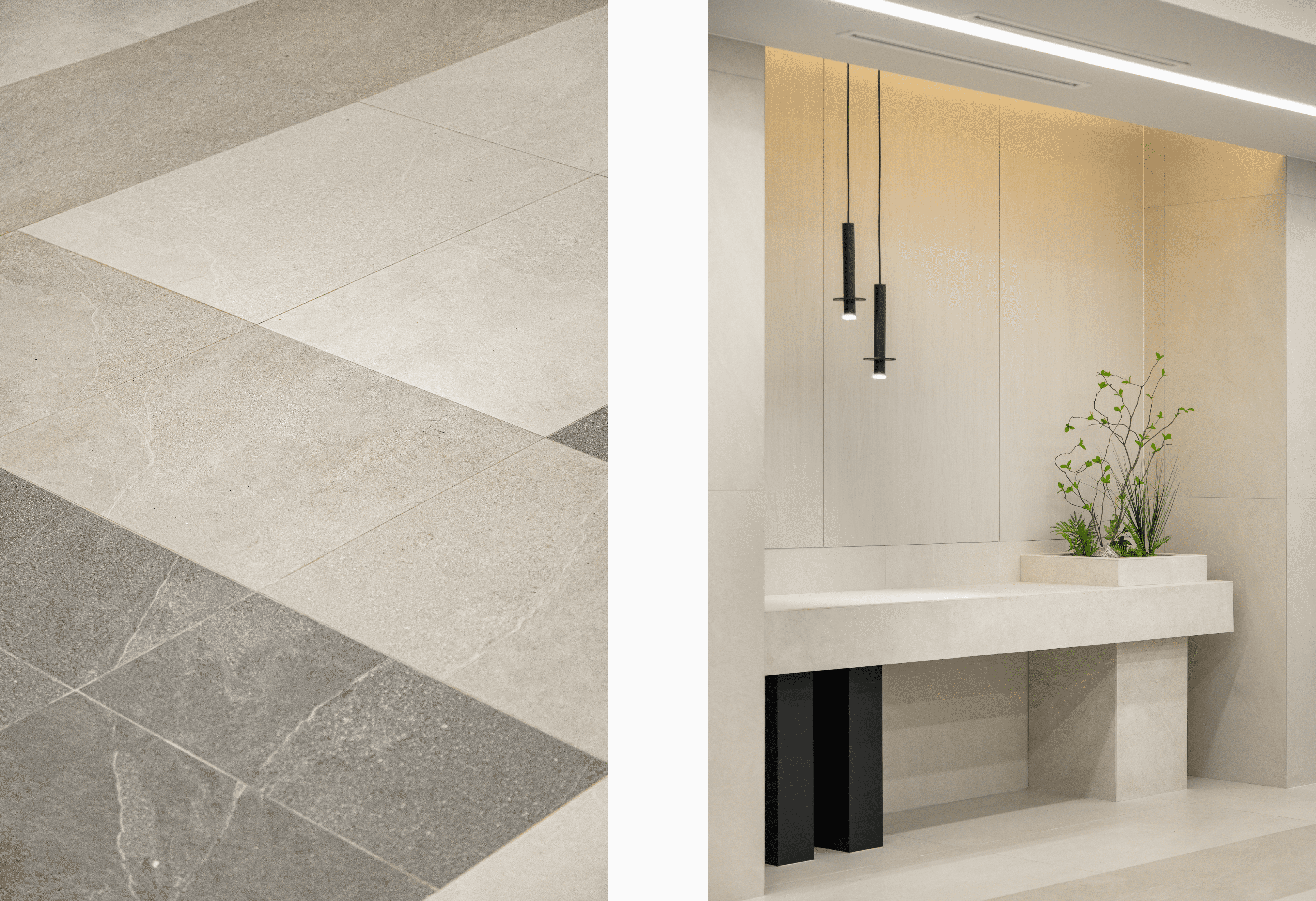 (좌)교차 패턴으로 패브릭의 느낌을 낸 타일 바닥재 (우)간접조명이 따스한 느낌을 주는 벽체