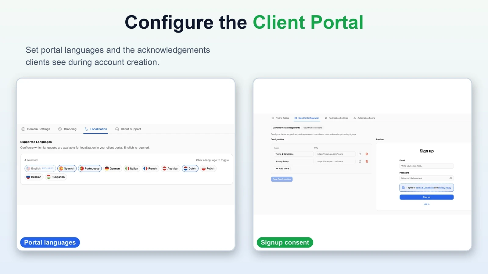 VoiceAIWrapper client-portal settings showing selectable portal languages and a signup preview with configurable terms and privacy acknowledgements.