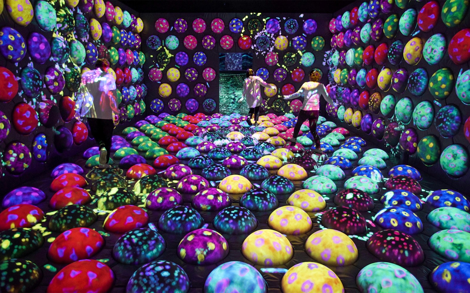 Visitors exploring colorful interactive exhibit at E・ZO FUKUOKA teamLab Forest.