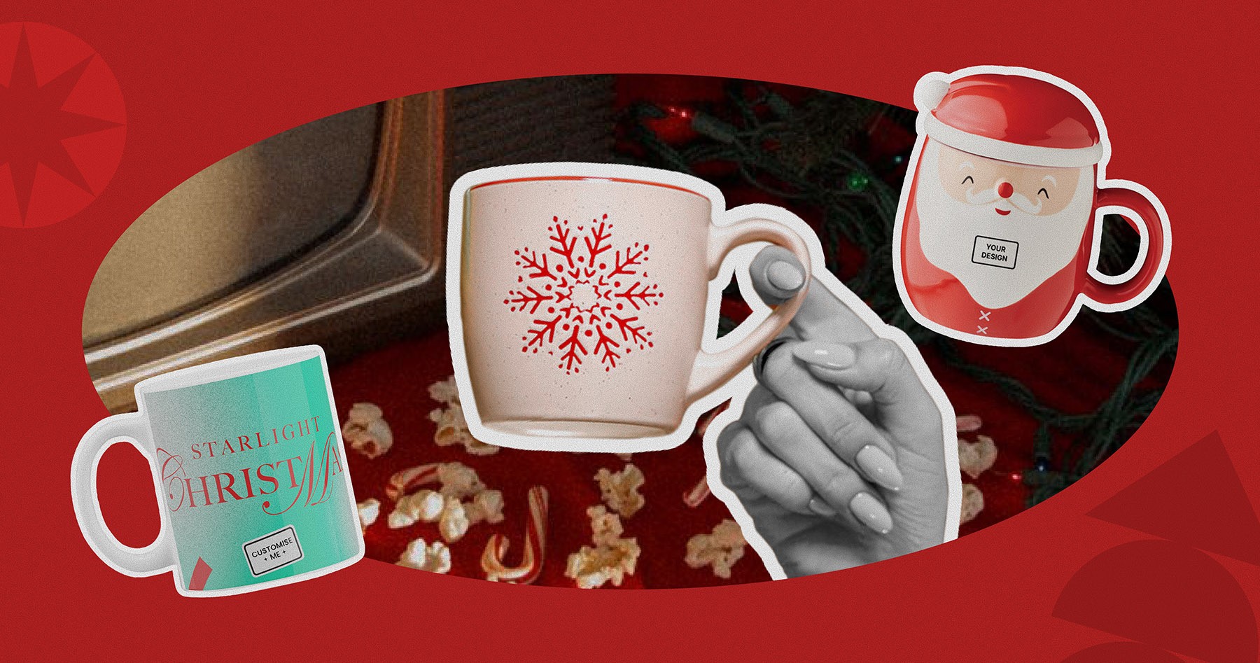 Collection of custom Christmas-themed mugs and branded Santa mug, perfect for holiday corporate gifts.