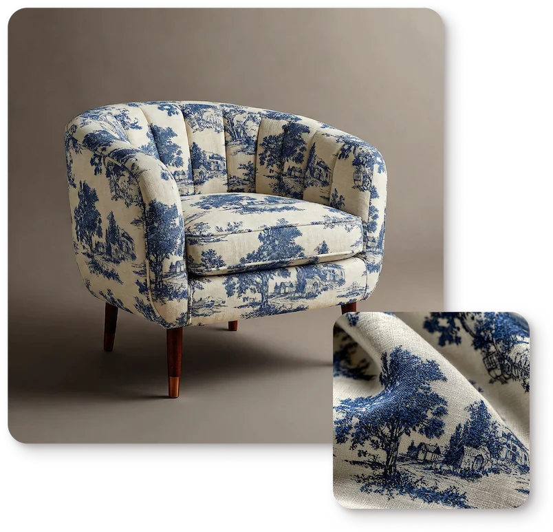 Toile linen chair and fabric swatch