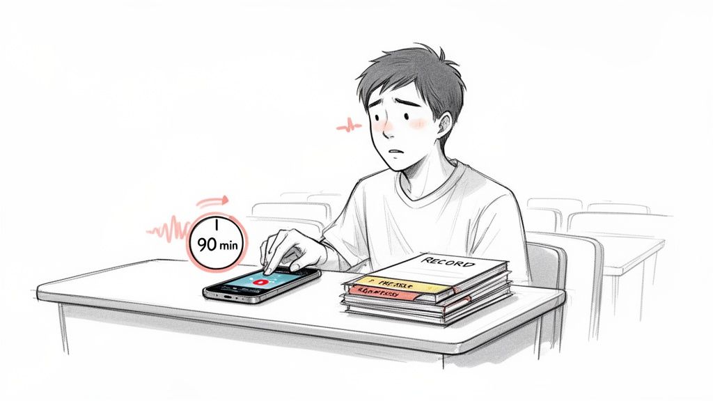 An anxious student in a classroom records a lecture on their phone, facing a 90-minute deadline.