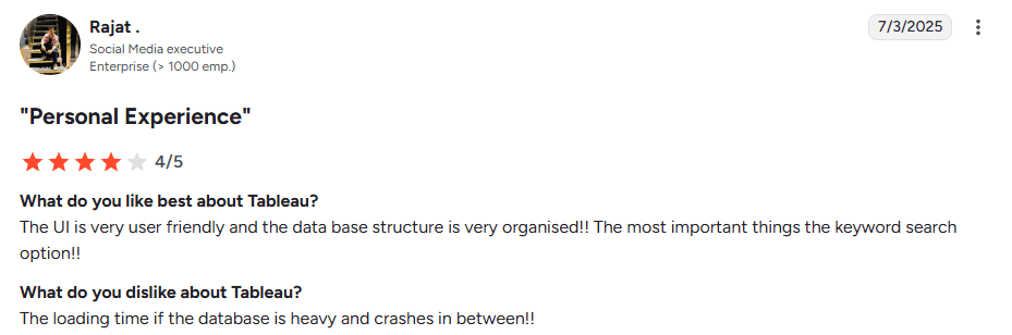 Tableau user review highlighting intuitive interface and performance issues with large databases