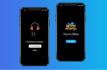 Two dark-mode screens: YouTube Music shows network error with headphone icon; Twitter shows offline message with bird's nest icon
