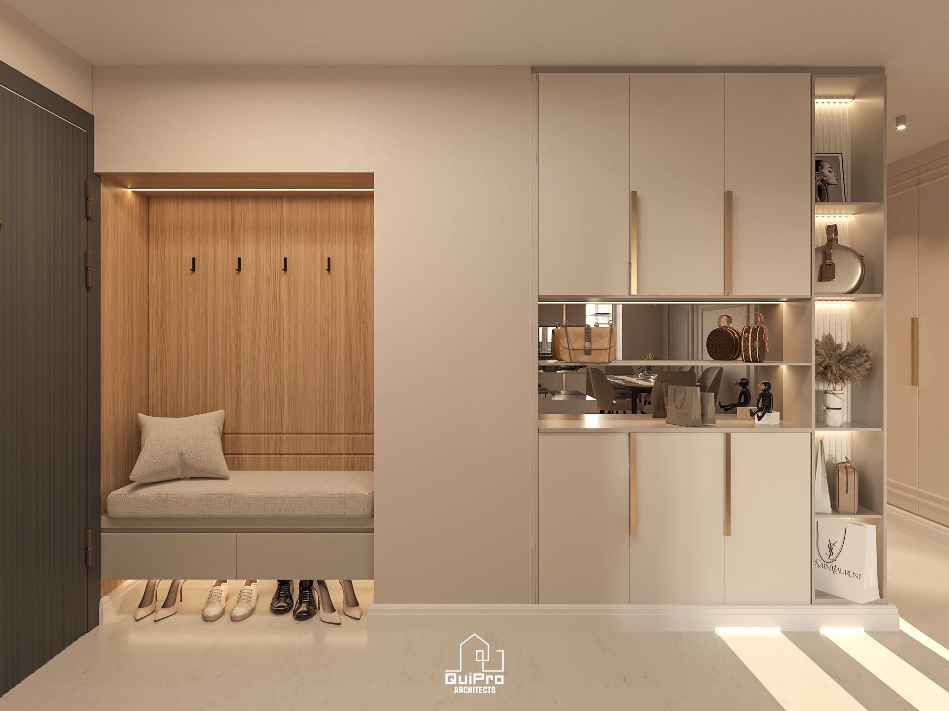 a living room filled with furniture and a mirror