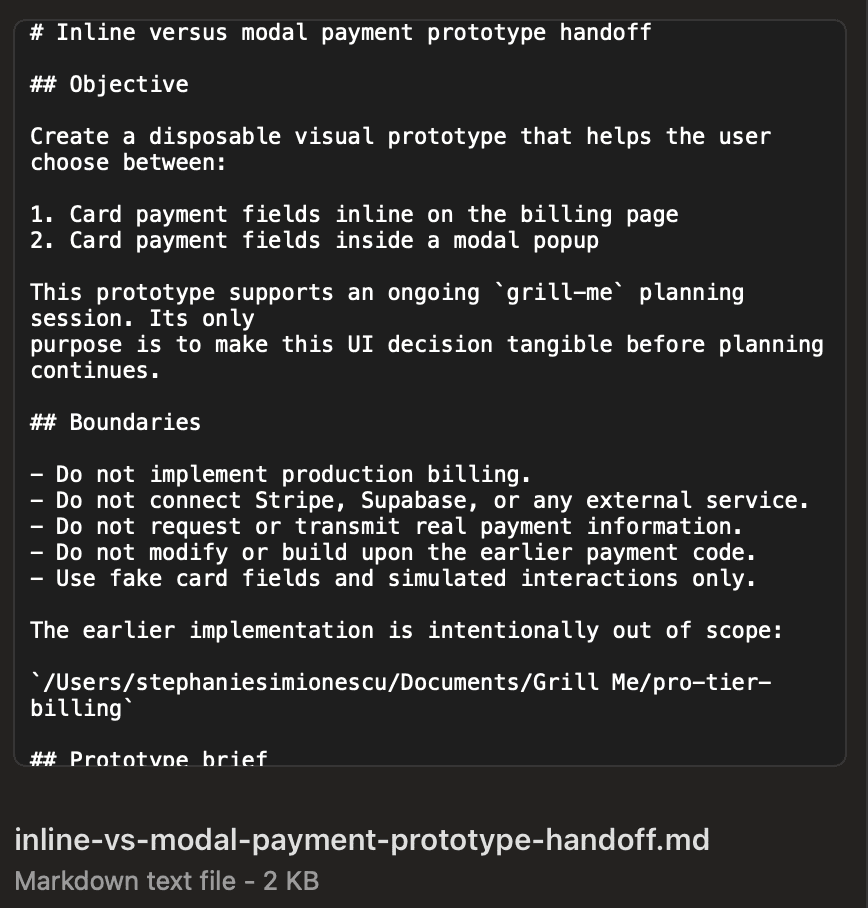 MD file created by the handoff skill in Codex for building a visual prototype of a website about card payments