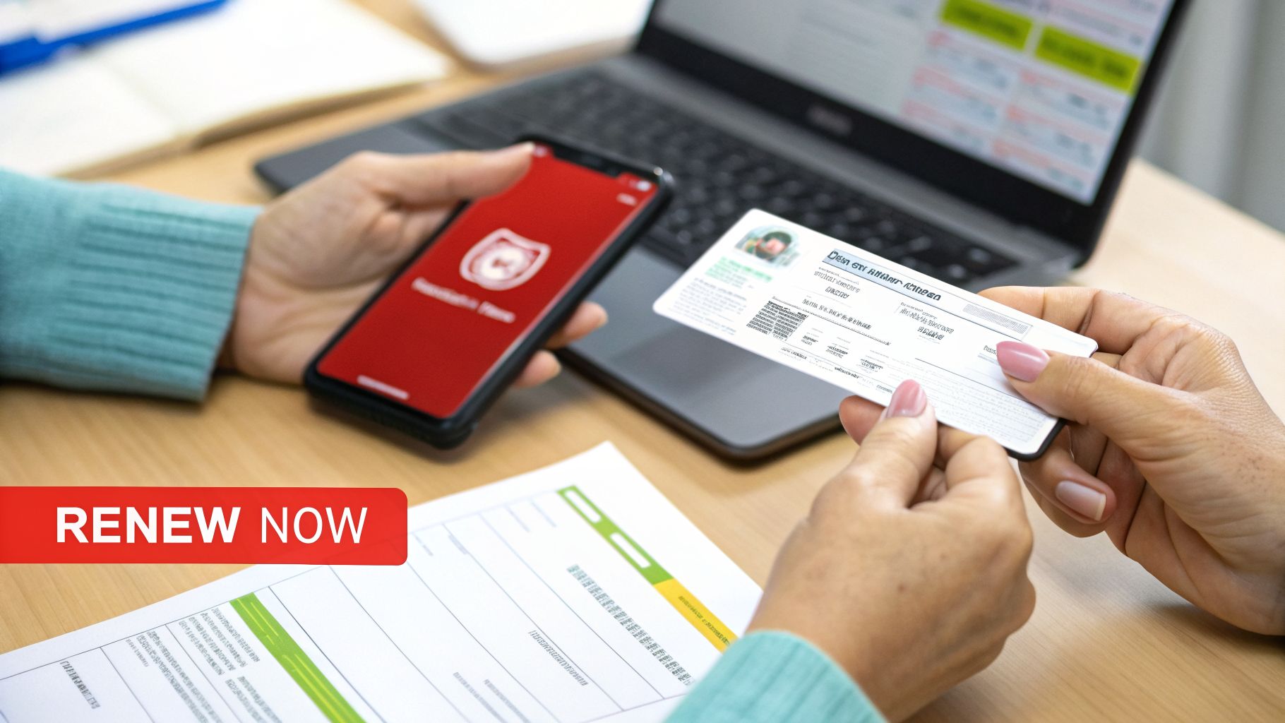 Person renewing a registration card online using a smartphone and laptop.