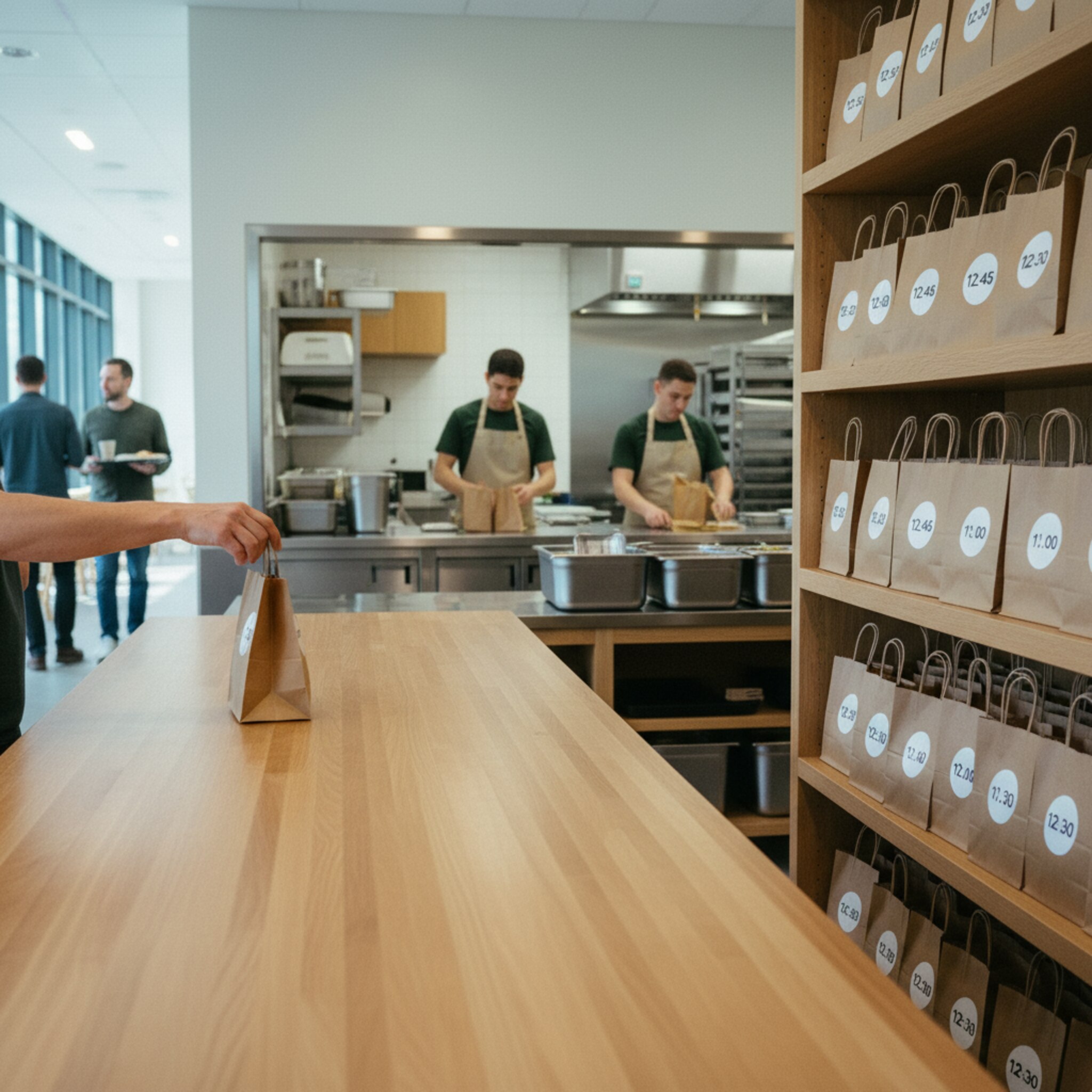 An einem Regal liegen braune Papiertüten mit runden Aufklebern und Uhrzeiten. Eine Hand greift eine Tüte, während in der Küche neue Beutel befüllt werden. Der Tresen bleibt frei, die Übergabe wirkt ruhig. Trotz Mittagszeit entsteht kein Stau, alles läuft geordnet.