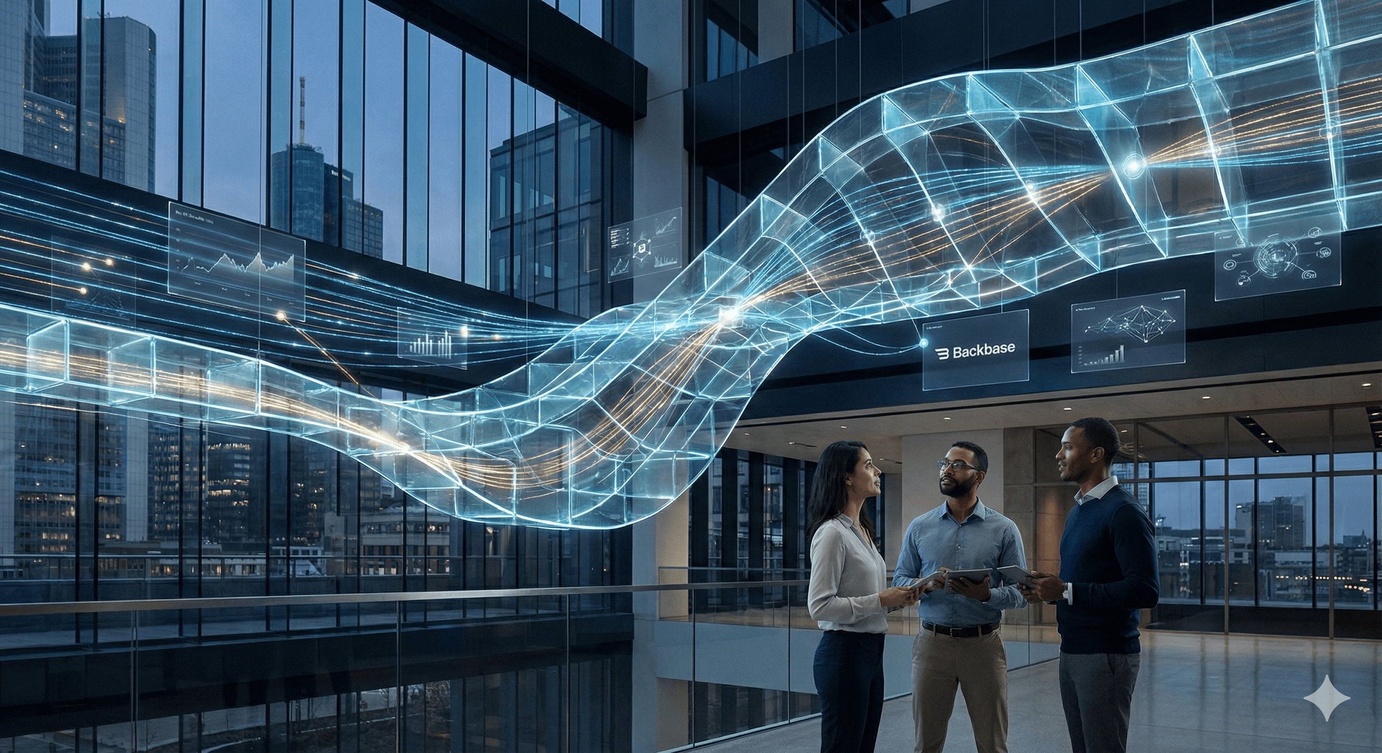 A group of professionals stands in a modern office with large windows, discussing AI banking solutions, as digital graphs and data streams dynamically float in mid-air.