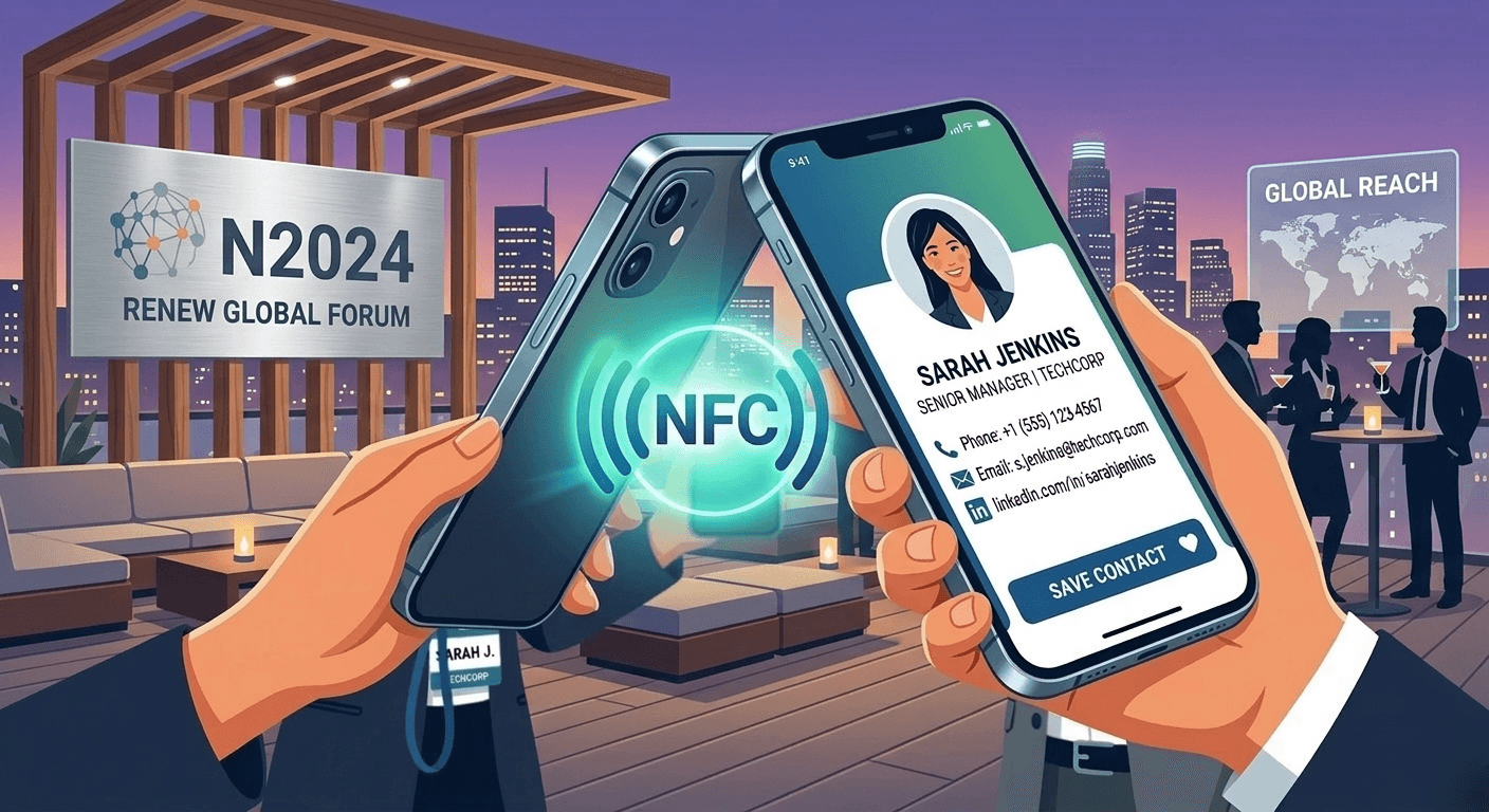 Digital business card profile displayed on a smartphone with contact details and social links.