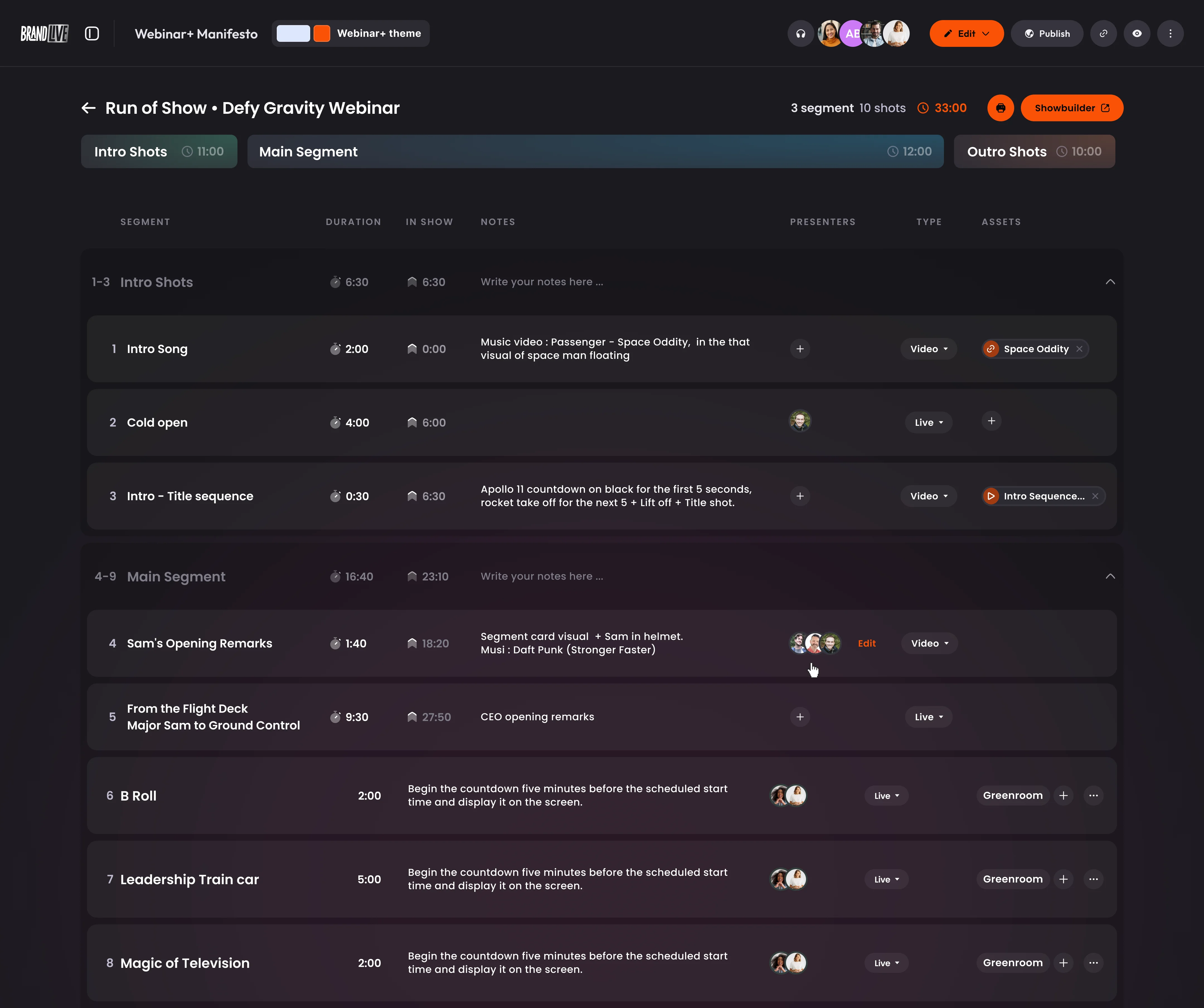 Production workspace with show segments and creative controls