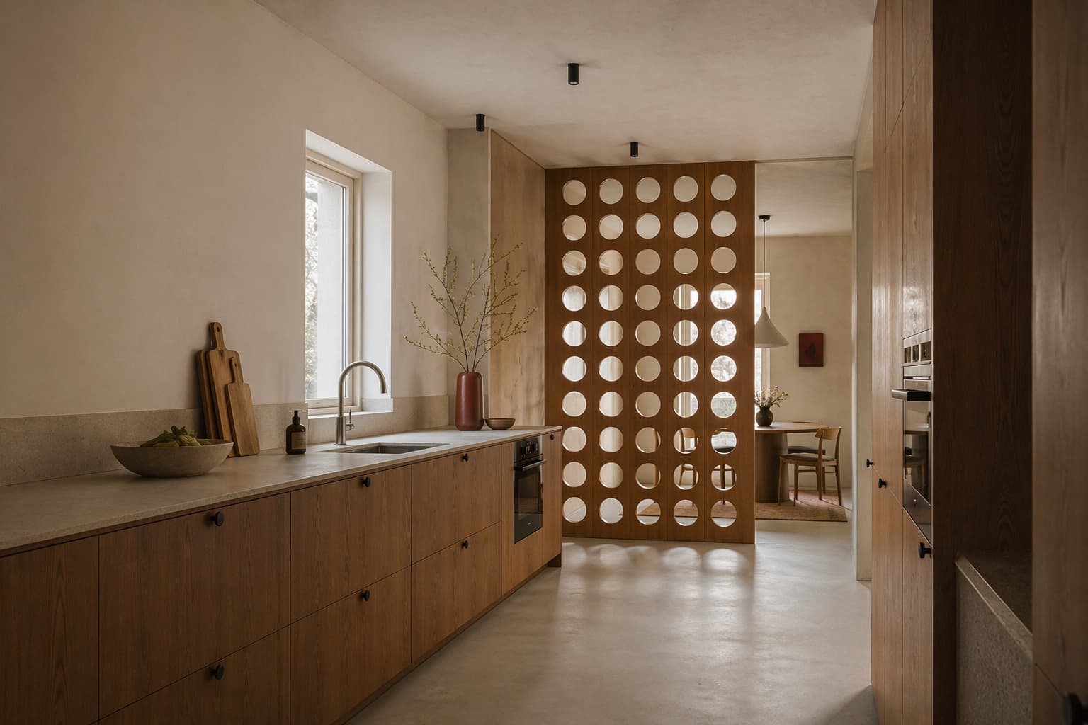 A modern kitchen with minimalist design features a long wooden countertop, sleek cabinetry, and a decorative circular partition, creating an open and airy space with natural light.