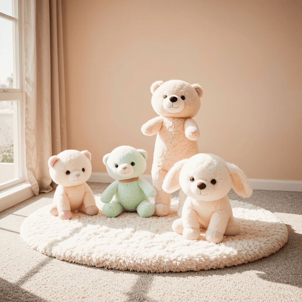 product photography of a set of plush animal toys