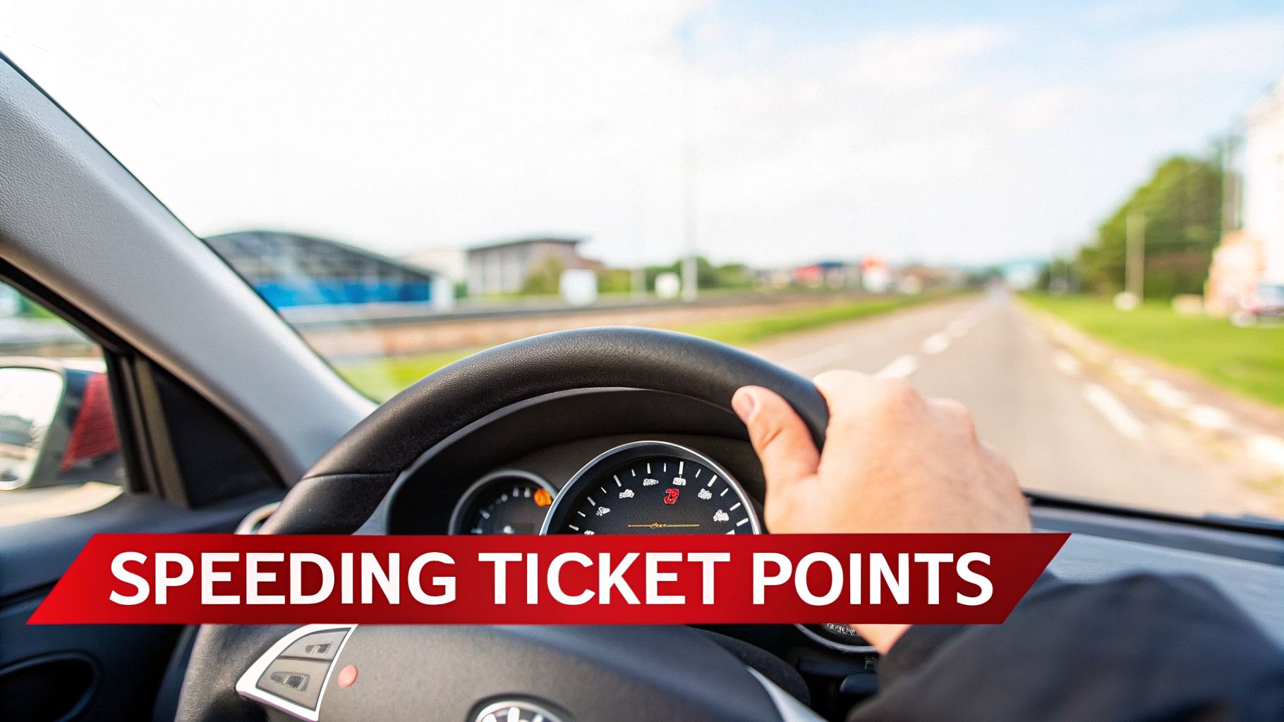 A driver's hands on a steering wheel inside a car, with a speedometer visible and text 'SPEEDING TICKET POINTS'.