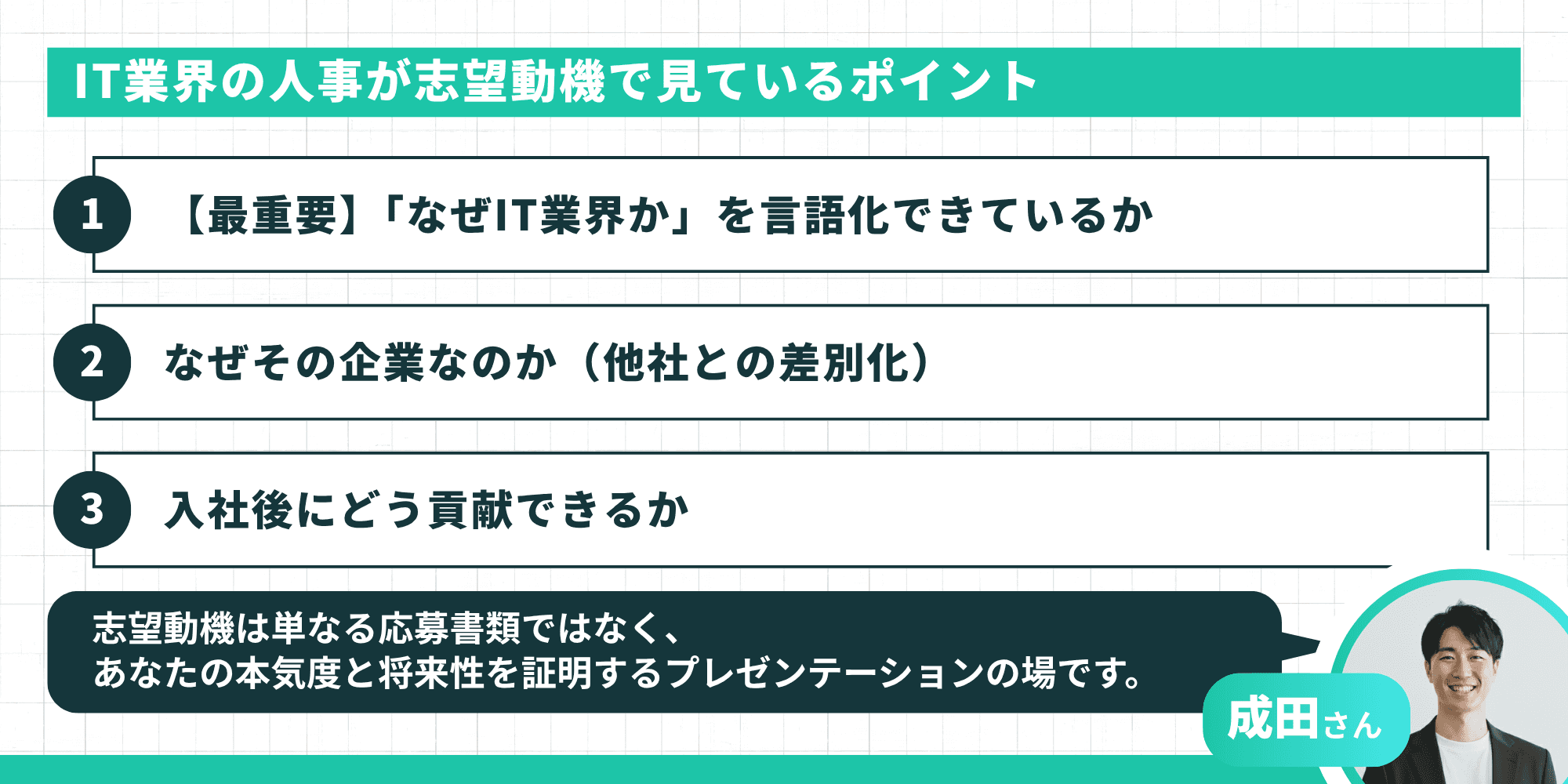 IT業界の人事が志望動機で見ているポイント：「なぜIT業界か」の言語化、なぜその企業なのかの差別化、入社後にどう貢献できるかの3点