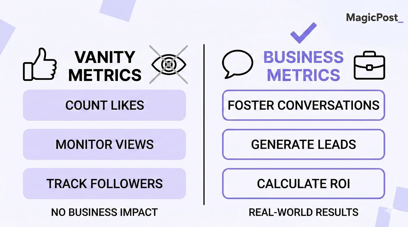 Comparison showing vanity metrics like likes and followers versus business metrics like conversations, leads, and ROI for measuring LinkedIn content performance