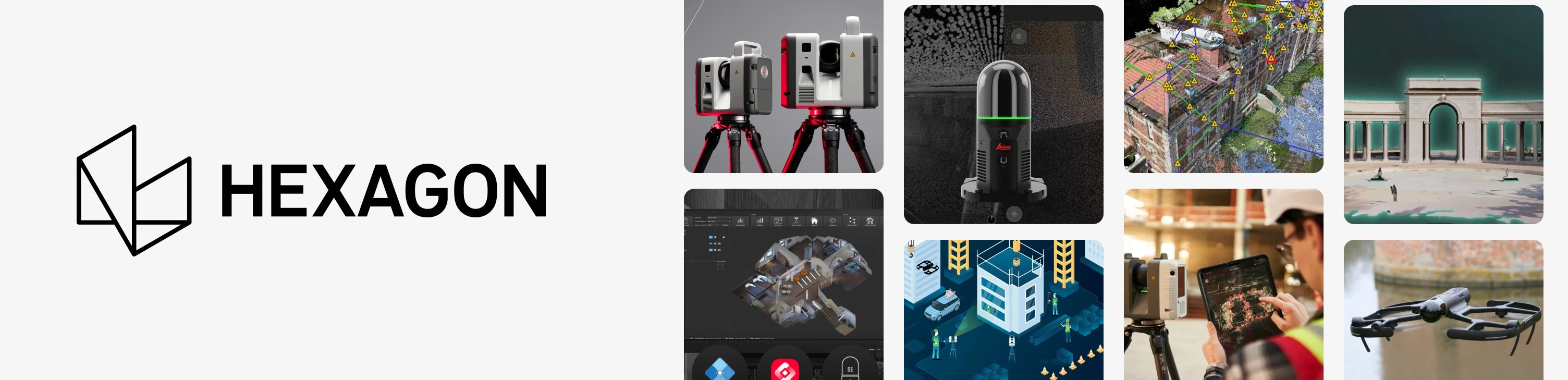 Hexagon logo surrounded by Leica laser scanners, colorized point clouds of city buildings, tablet-based scanning and a survey drone