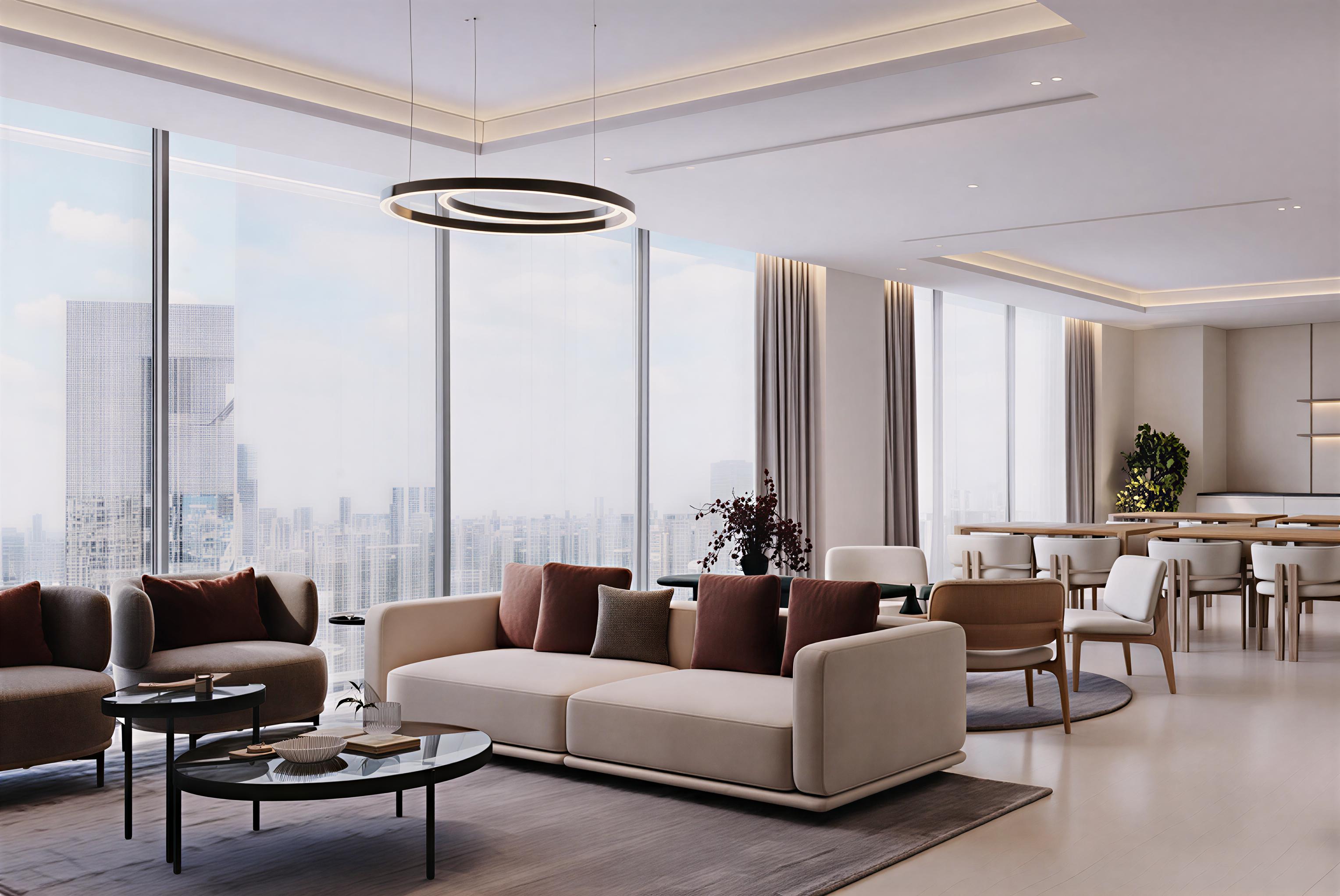 Spacious modern living room featuring large windows that provide a stunning view of the cityscape.