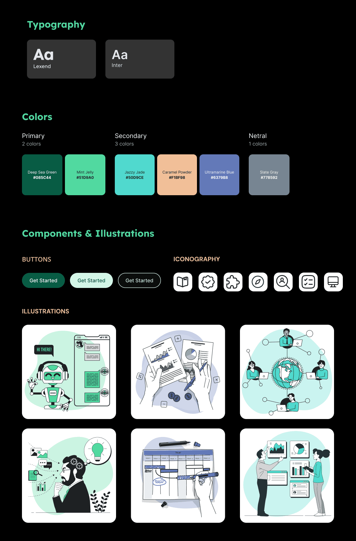 GCCX style guide showing Lexend and Inter typography, green and teal color palette (Deep Sea Green, Mint Jelly, Jazzy Jade), button styles, business iconography including maps and analytics symbols, and illustrations featuring chatbot, data analysis, global team collaboration, innovation thinking, planning calendar, and presentation scenes