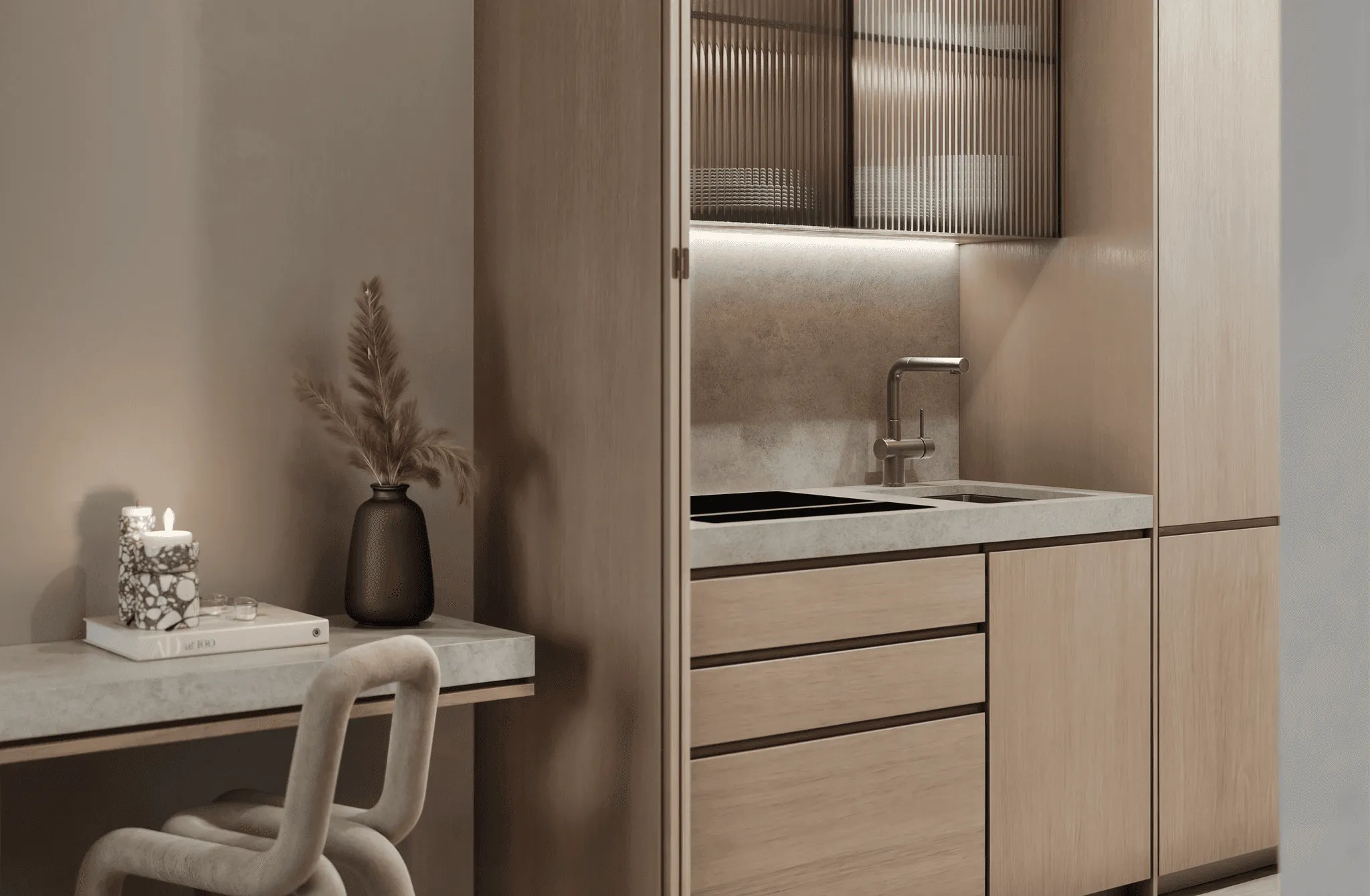 Kitchen with sink, desk, and chair, functional and organized workspace.