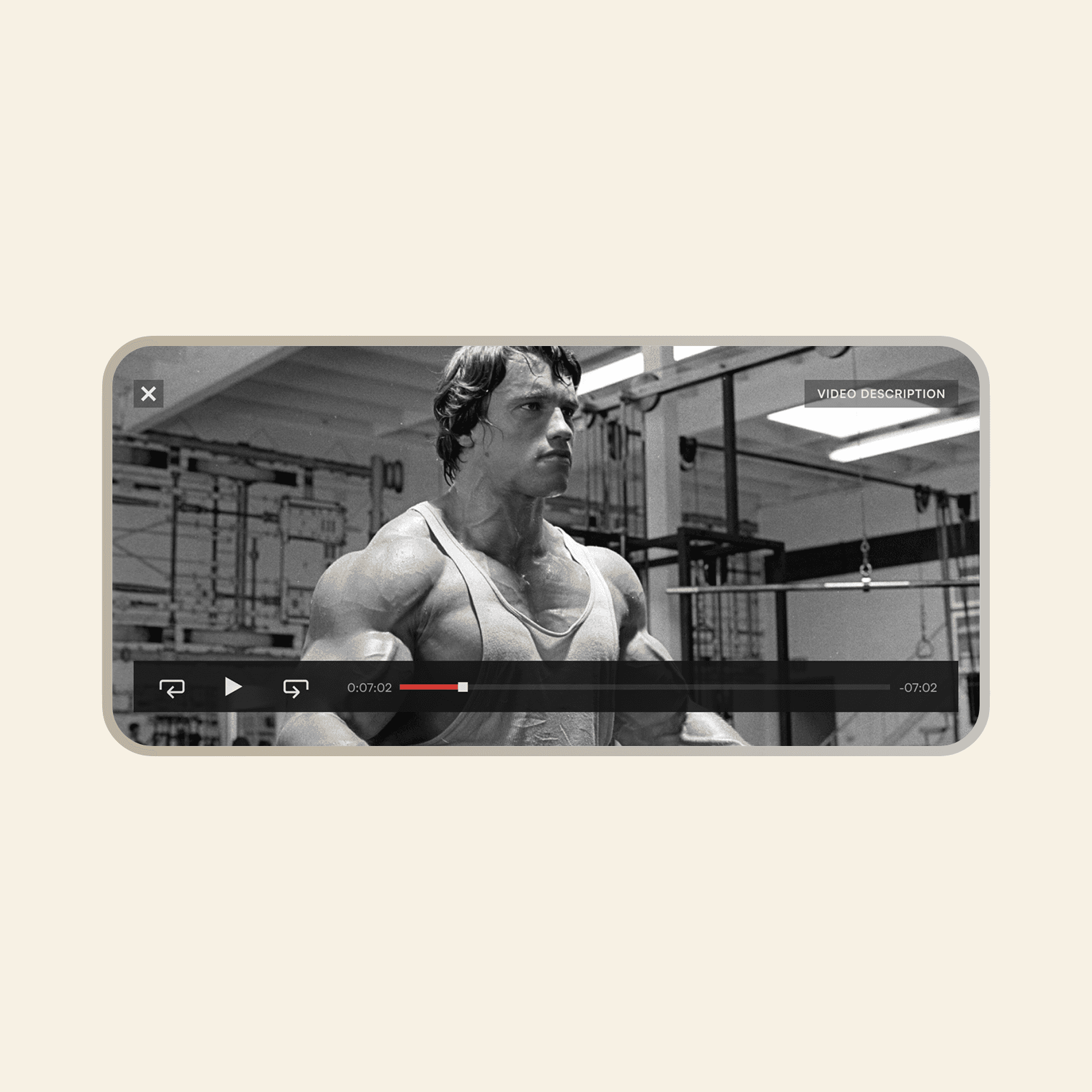 Video player interface showing a black-and-white workout scene in a gym, representing STRV’s ability to deliver scalable digital experiences and media products for tech innovators and global brands.