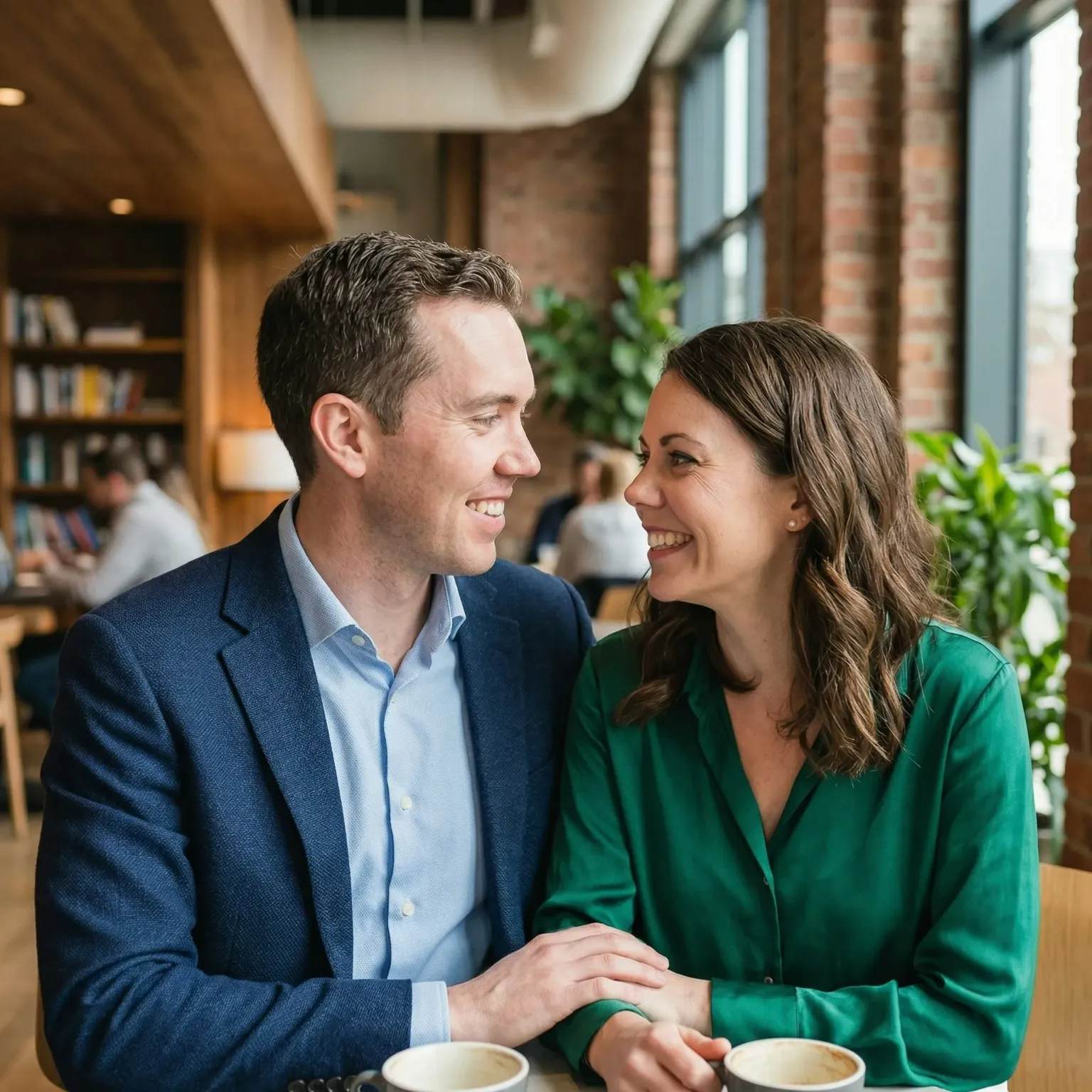 Couple smiling and looking at each other in a cafe with coffee cups on the table.