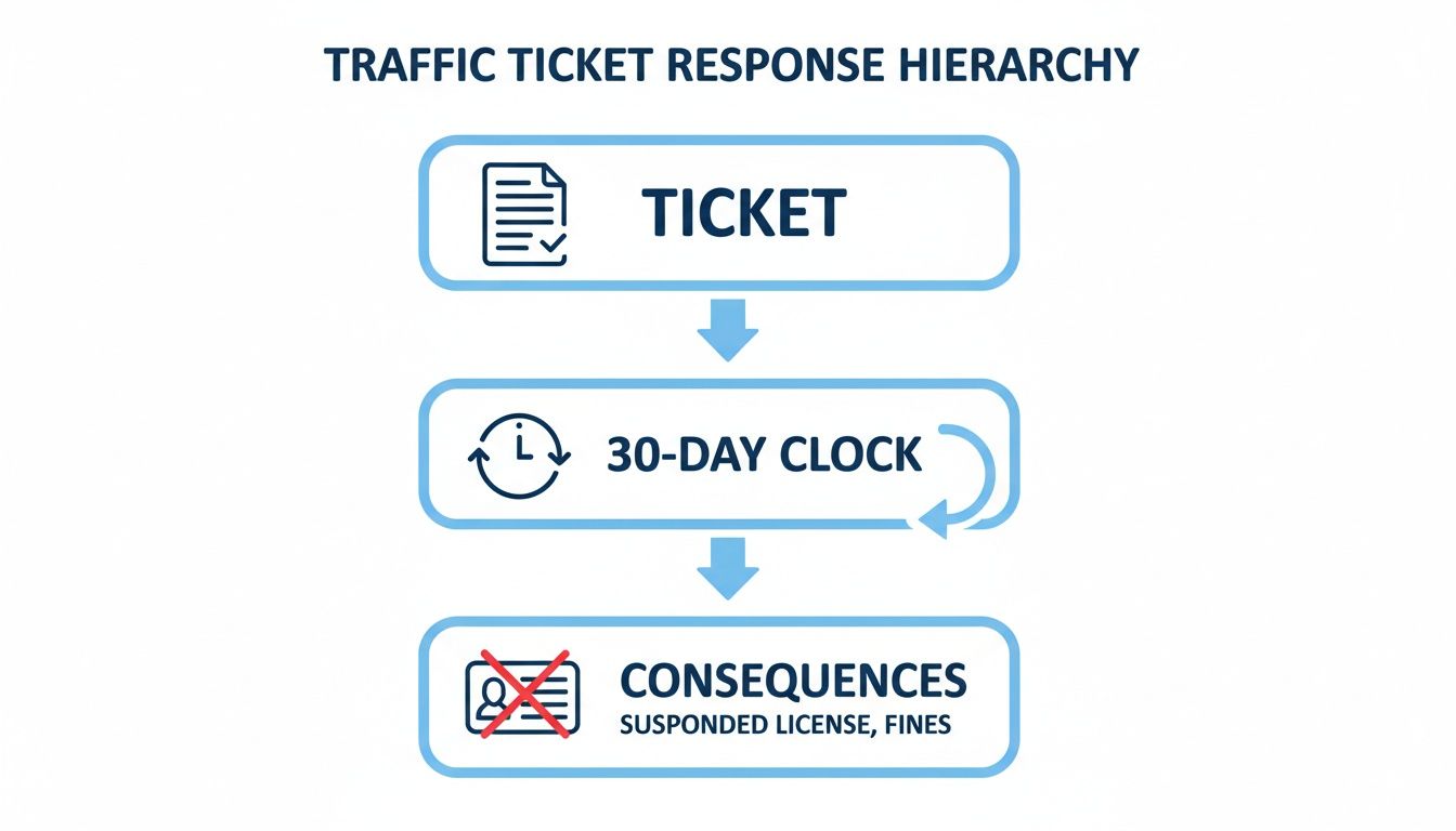 Hierarchy of traffic ticket response: Ticket issuance, 30-day deadline, leading to license suspension and fines.