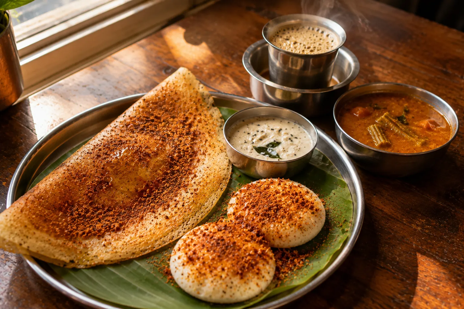 Folded ghee podi dosa with podi idly, coconut chutney, sambar and filter coffee at Jun Restaurant