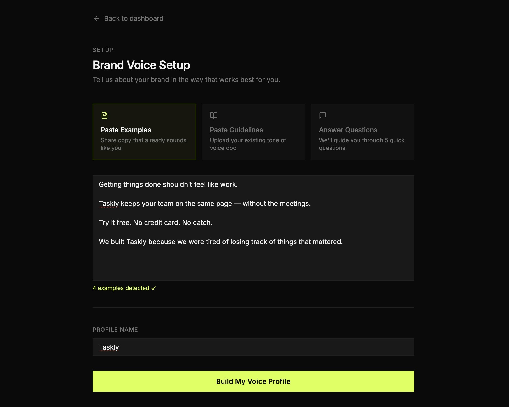 Calibr brand voice setup screen with three input options: Paste Examples, Paste Guidelines, and Answer Questions — shown mid-setup for the Taskly brand