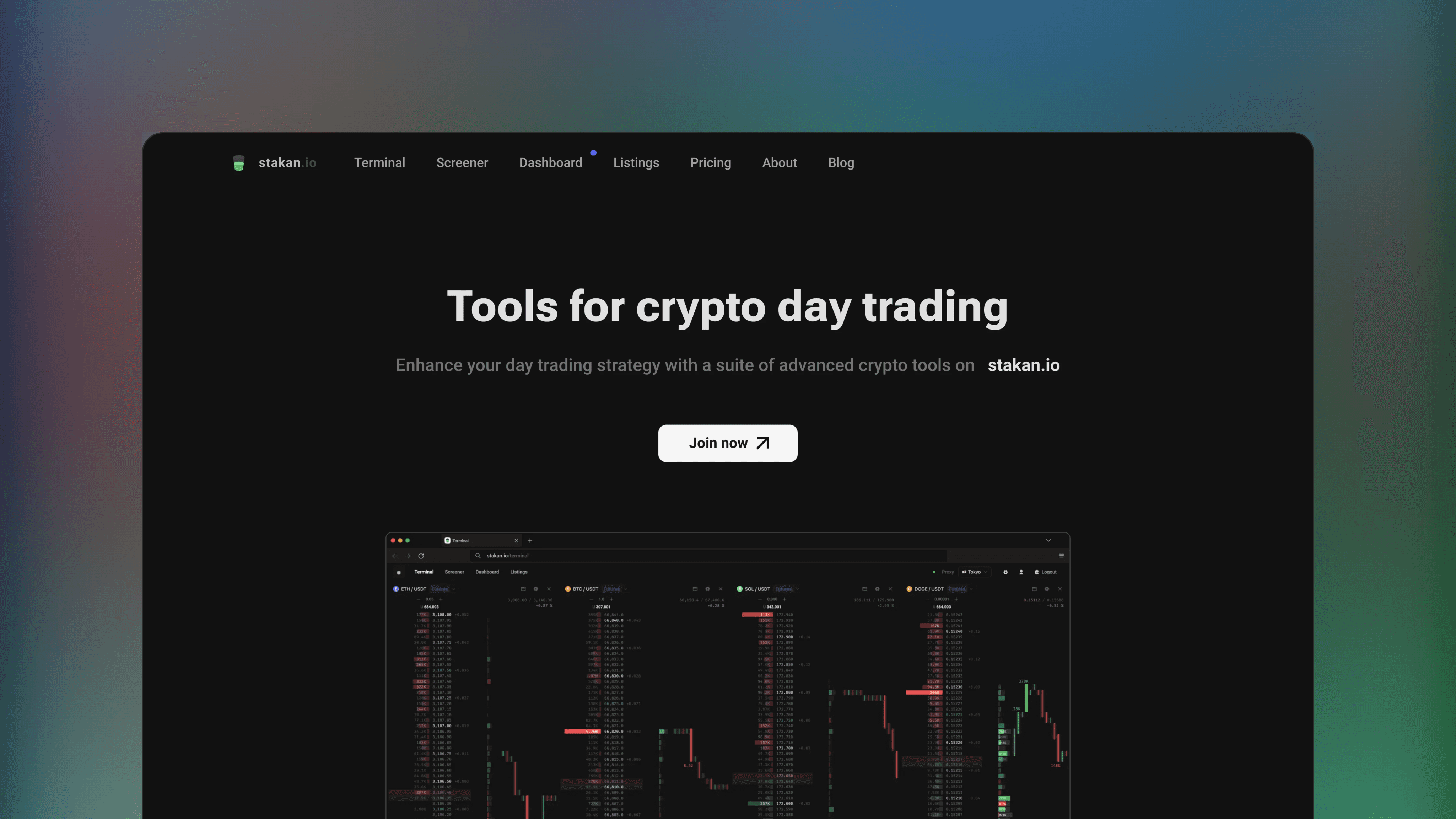 Website preview of stakan.io, trade analytics crypto platform showing a market depth display for multiple exchanges.