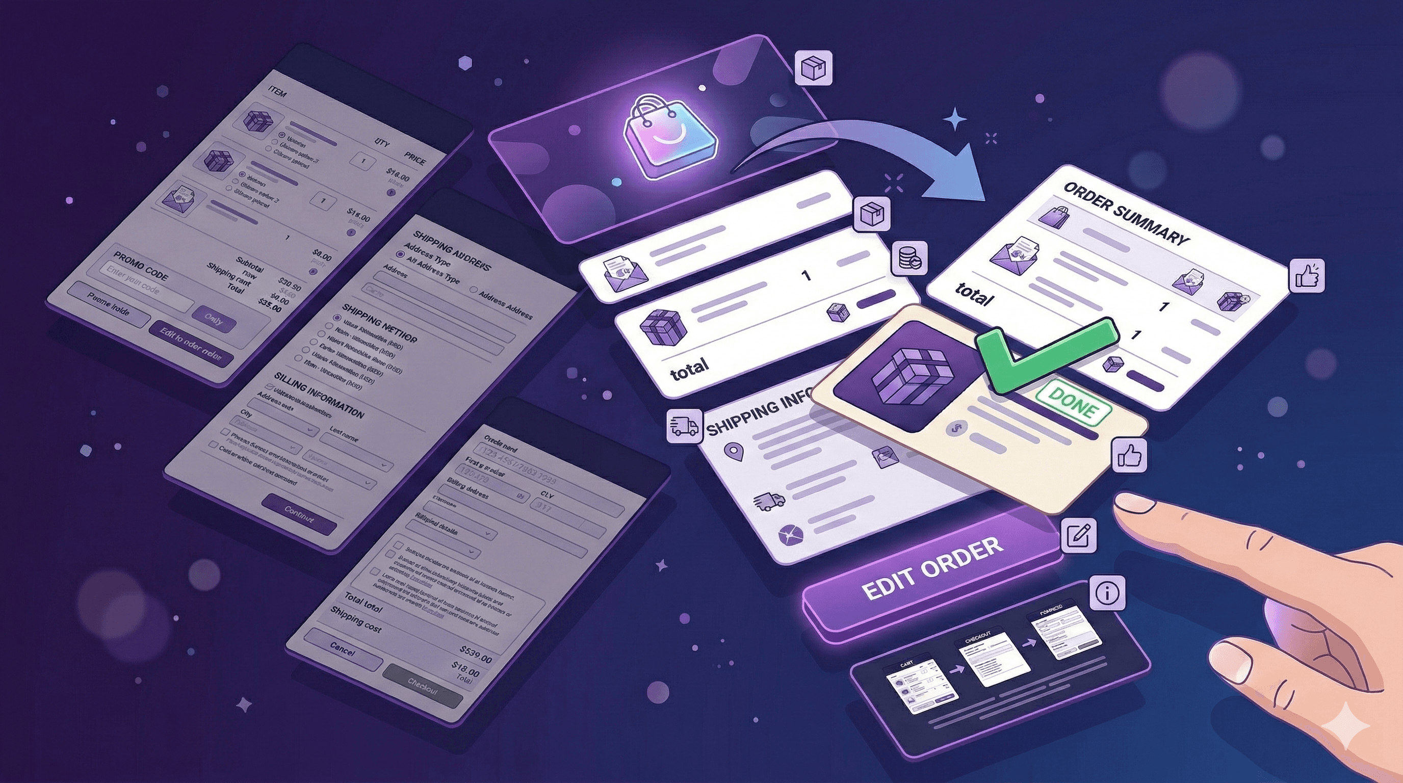 A close-up illustration of an email on a phone screen. The email shows an order summary section at the top, and below it a highlighted product card with a prominent 'Add to my order' button. A finger is about to tap the button. Subtle sparkle effects around the button suggest ease and delight. Purple accent colors on the button and highlights. Clean white email background, soft lavender outer glow. Modern UI illustration style. No text. 4:5 aspect ratio.