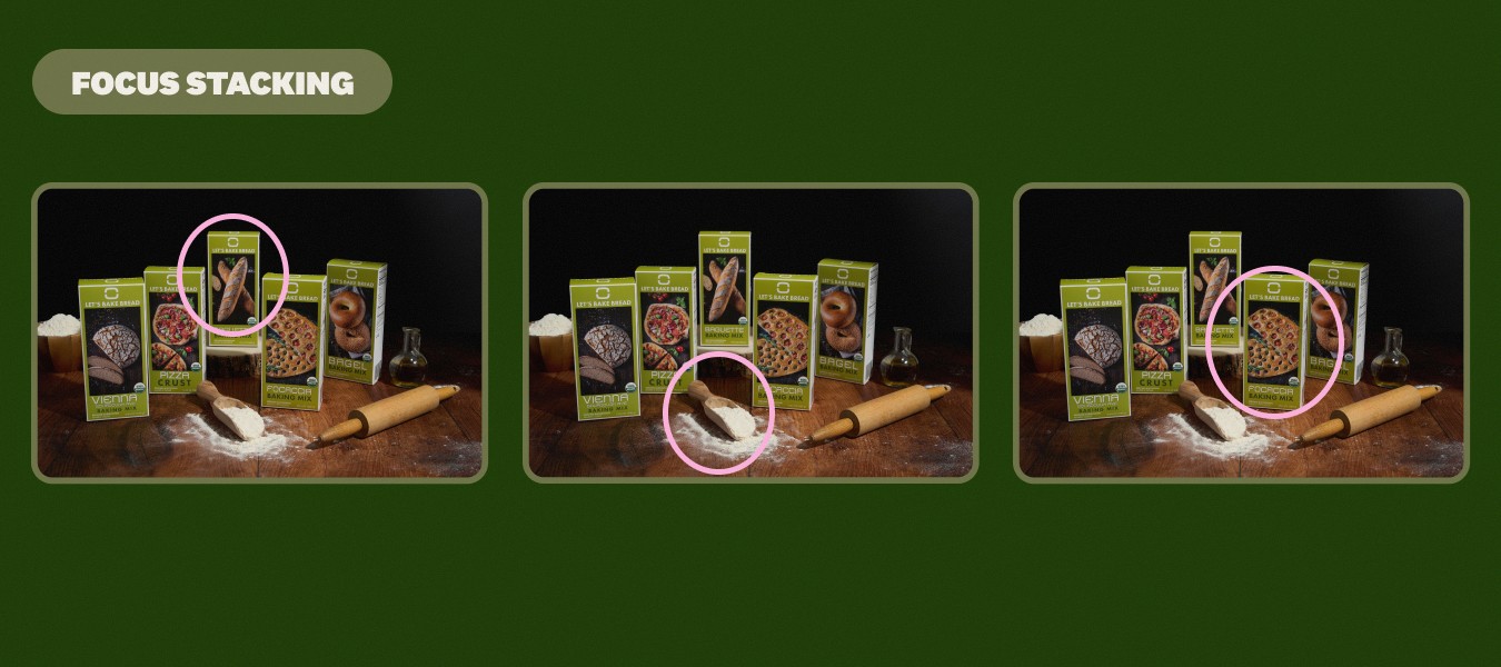 Three side-by-side product images highlighting focus stacking, with different areas circled to show how sharp focus is combined across foreground and background elements.