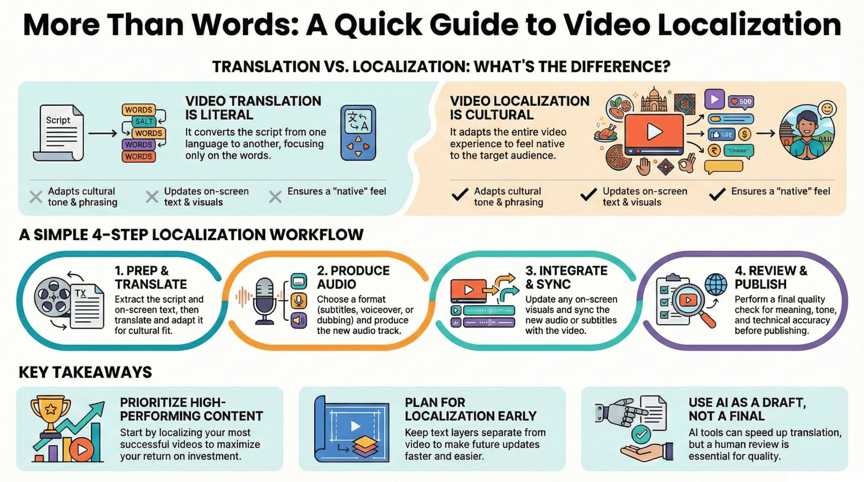 Infographic explaining video localization versus video translation. It shows that video translation focuses on literal word-for-word language changes, while video localization adapts the entire video to the target culture, including tone, visuals, and on-screen text. The graphic also presents a four-step localization workflow: prepare and translate, produce audio, integrate and sync, and review and publish. At the bottom, key takeaways highlight prioritizing high-performing content, planning localization early, and using AI as a draft with human review for quality.