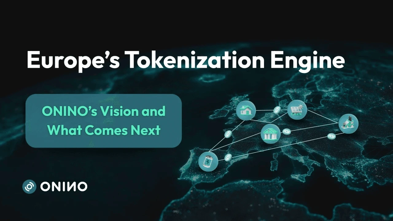 Connected asset network overlaid on a European map showing real estate, solar, and infrastructure nodes — ONINO tokenization platform vision