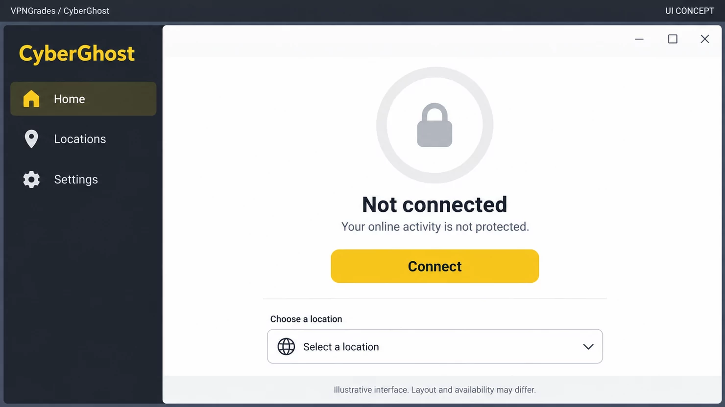 CyberGhost: a desktop connection interface (illustration).