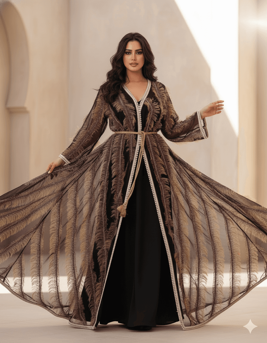 Deep burgundy Moroccan caftan with feather texture and embroidery, luxury handmade caftan Bahrain