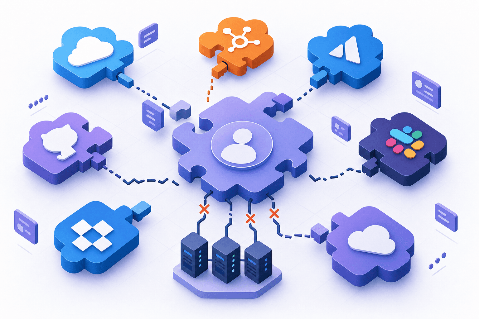 A technical illustration showing fragmented puzzle pieces that don't quite fit together, representing different SaaS application icons and identity provider systems trying to connect but with misaligned interfaces. Show visual gaps and incomplete connections between colorful cloud application nodes, with some connection paths broken or incomplete. Modern, clean isometric style with blues, purples, and oranges. Technical diagram aesthetic showing system integration complexity without any text or labels.