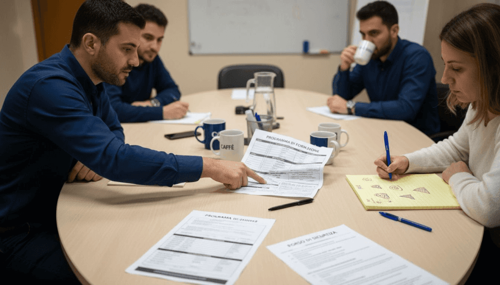 Il team si riunisce per organizzare insieme una sessione di formazione sulla sicurezza.