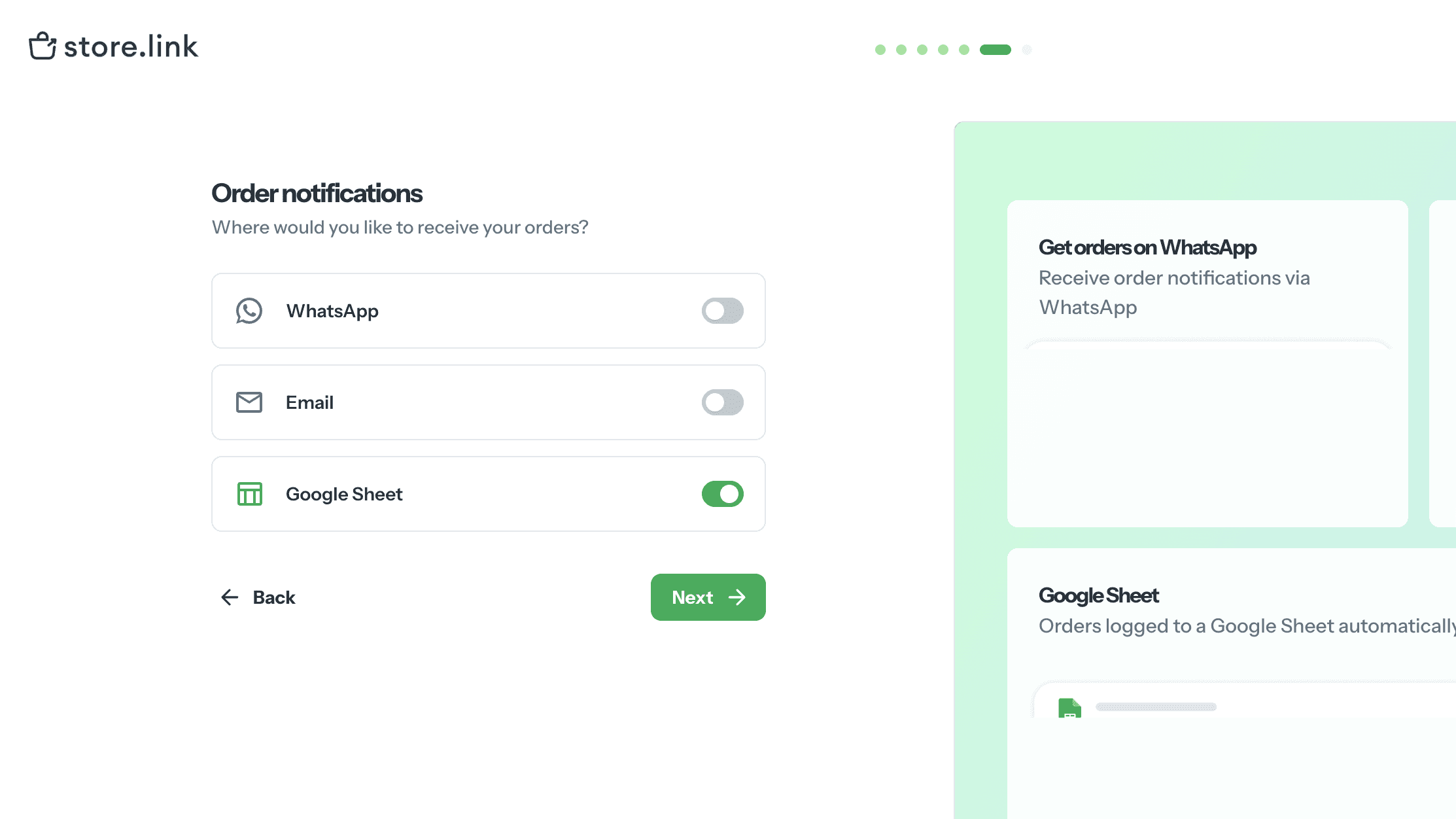 Store.link order notifications screen showing WhatsApp, email, and Google Sheet options with Sheets enabled.